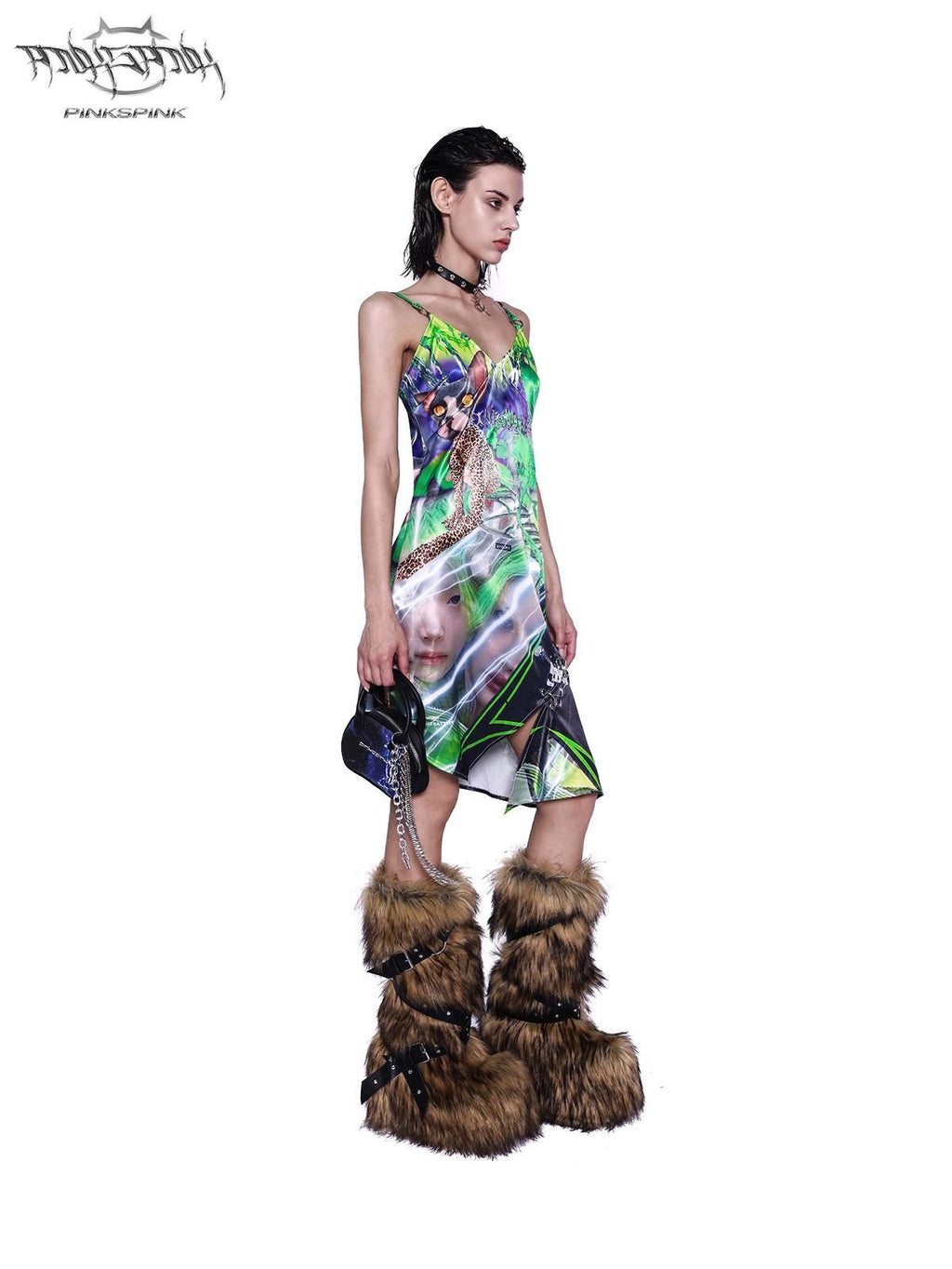 PINKSPINK Sphynx Cat 3d Print Neon Green Women's Cotton Slip Midi Dresses
