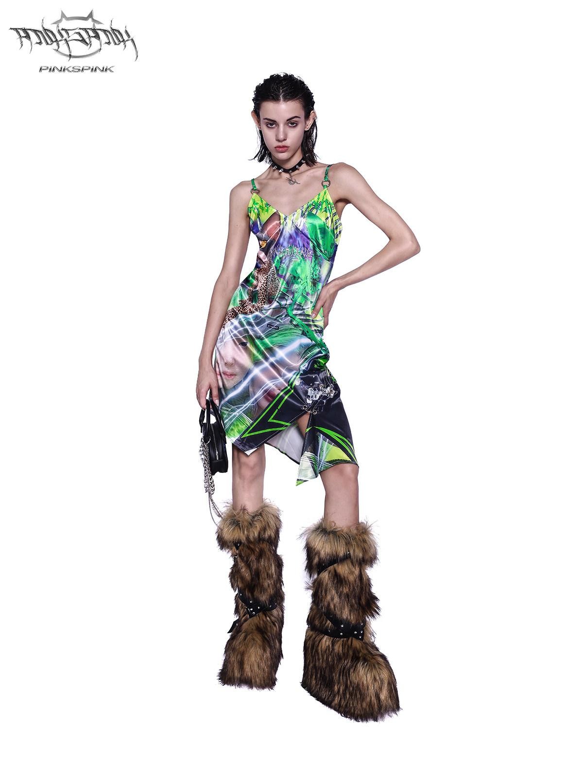 PINKSPINK Sphynx Cat 3d Print Neon Green Women's Cotton Slip Midi Dresses