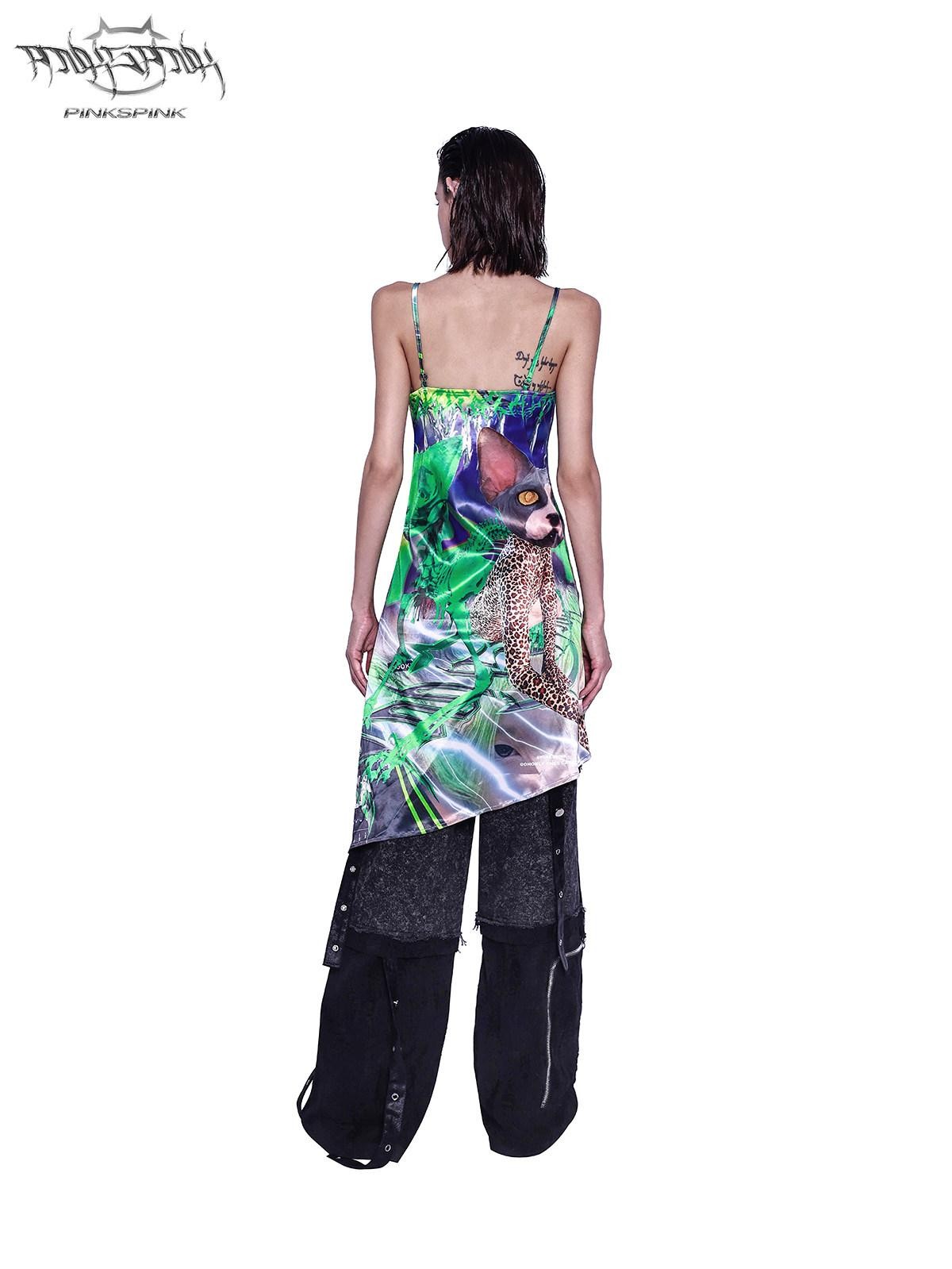 PINKSPINK Sphynx Cat 3d Print Neon Green Women's Cotton Slip Midi Dresses