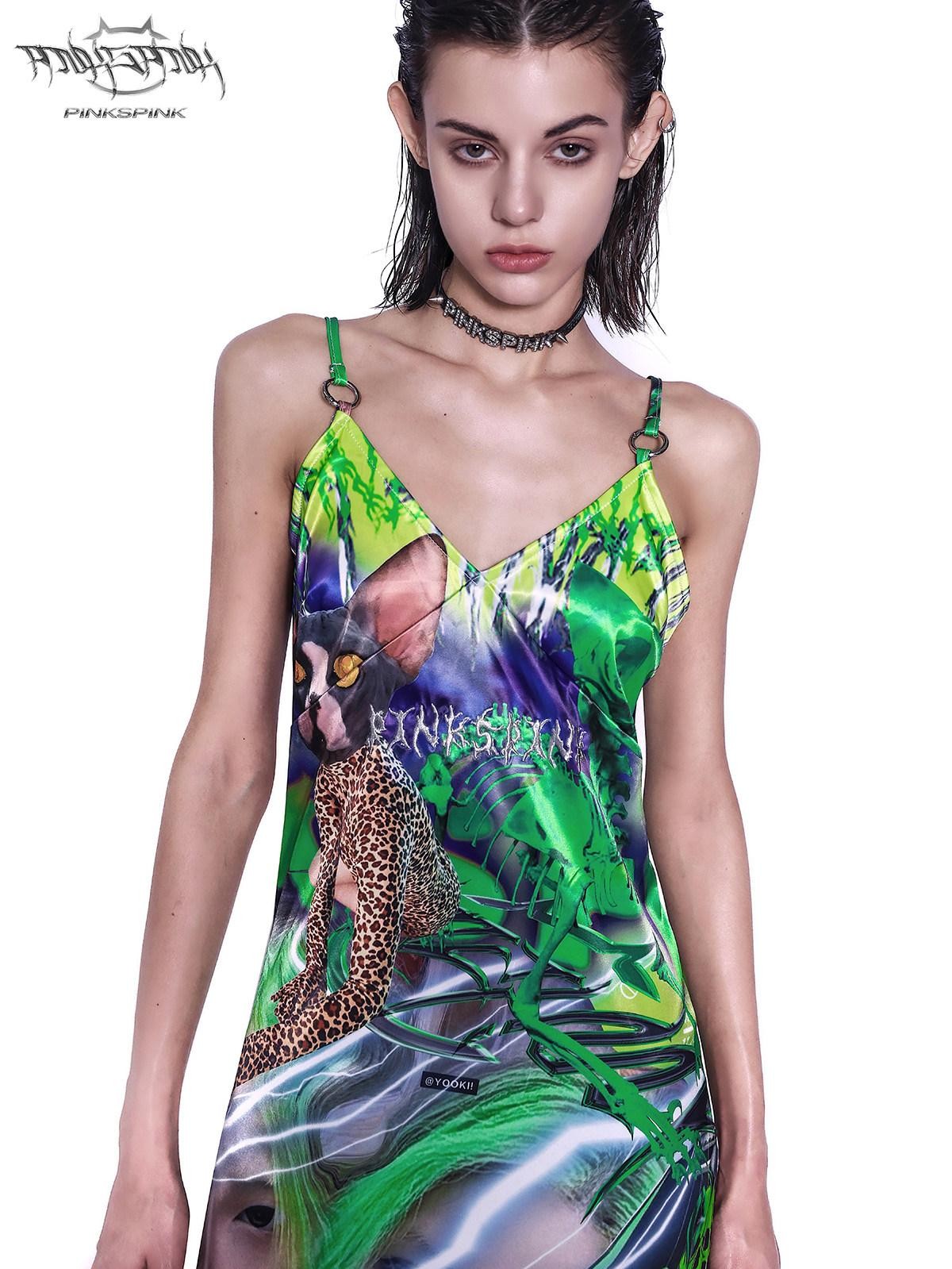 PINKSPINK Sphynx Cat 3d Print Neon Green Women's Cotton Slip Midi Dresses