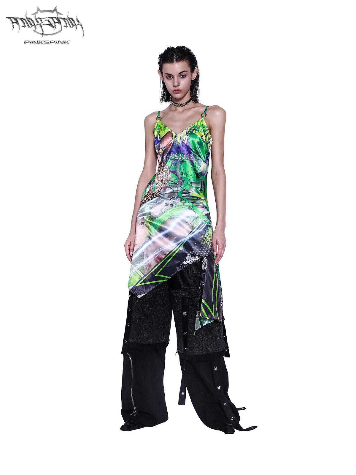 PINKSPINK Sphynx Cat 3d Print Neon Green Women's Cotton Slip Midi Dresses