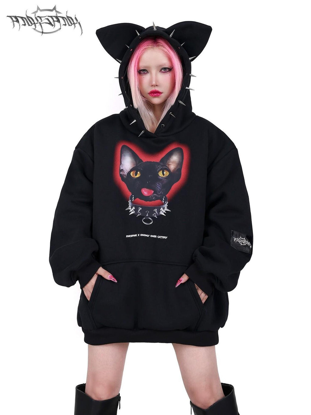PINKSPINK Sphynx Cat Print Studded Ear Hooded Punk Women's Cotton Sweatshirts