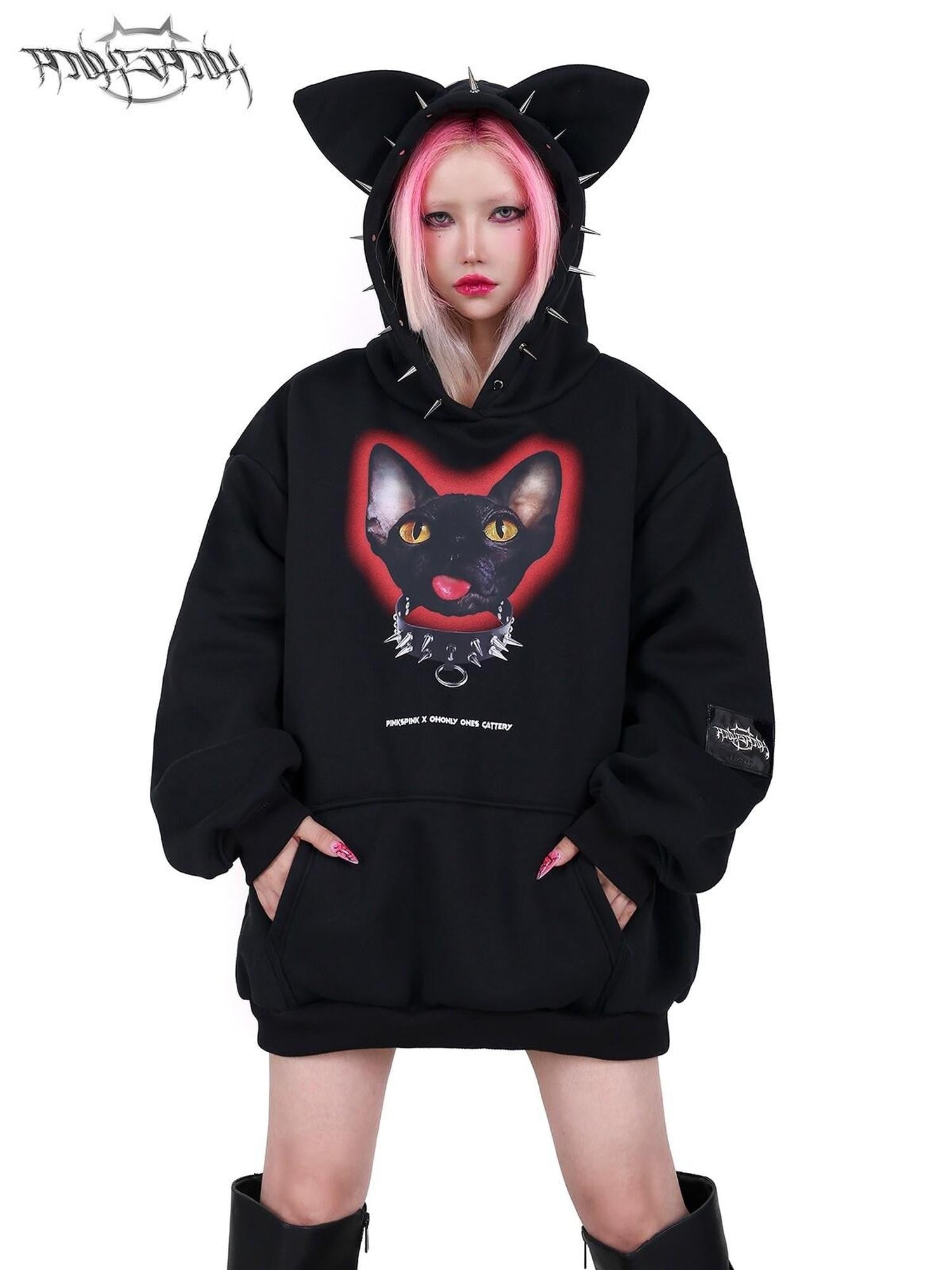 PINKSPINK Sphynx Cat Print Studded Ear Hooded Punk Women's Cotton Sweatshirts