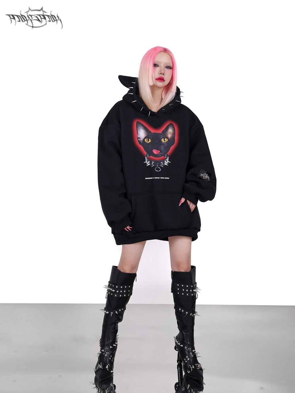 PINKSPINK Sphynx Cat Print Studded Ear Hooded Punk Women's Cotton Sweatshirts