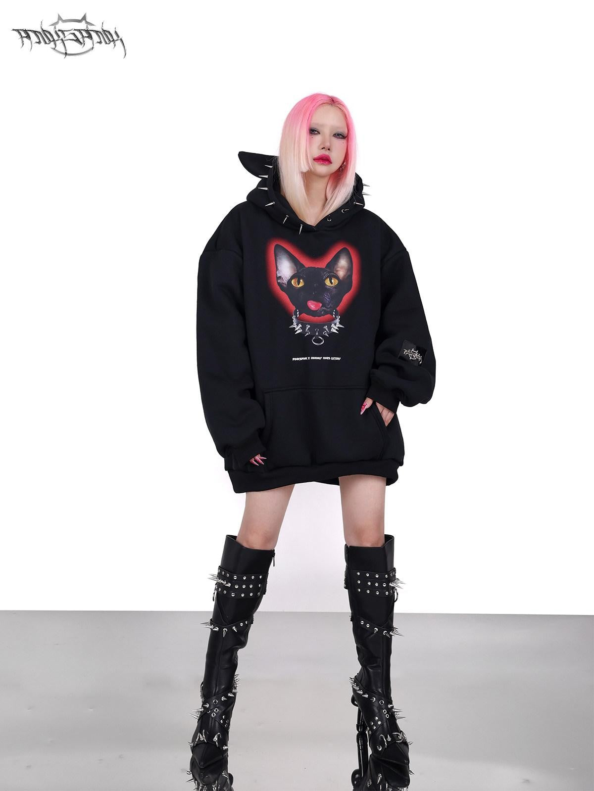 PINKSPINK Sphynx Cat Print Studded Ear Hooded Punk Women's Cotton Sweatshirts