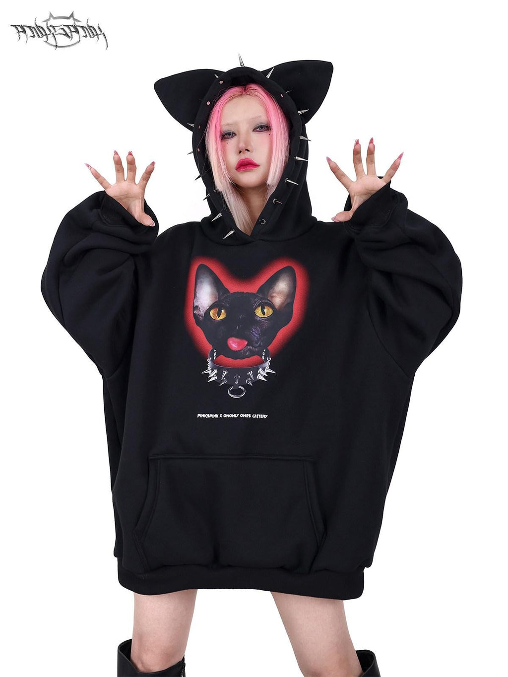 PINKSPINK Sphynx Cat Print Studded Ear Hooded Punk Women's Cotton Sweatshirts