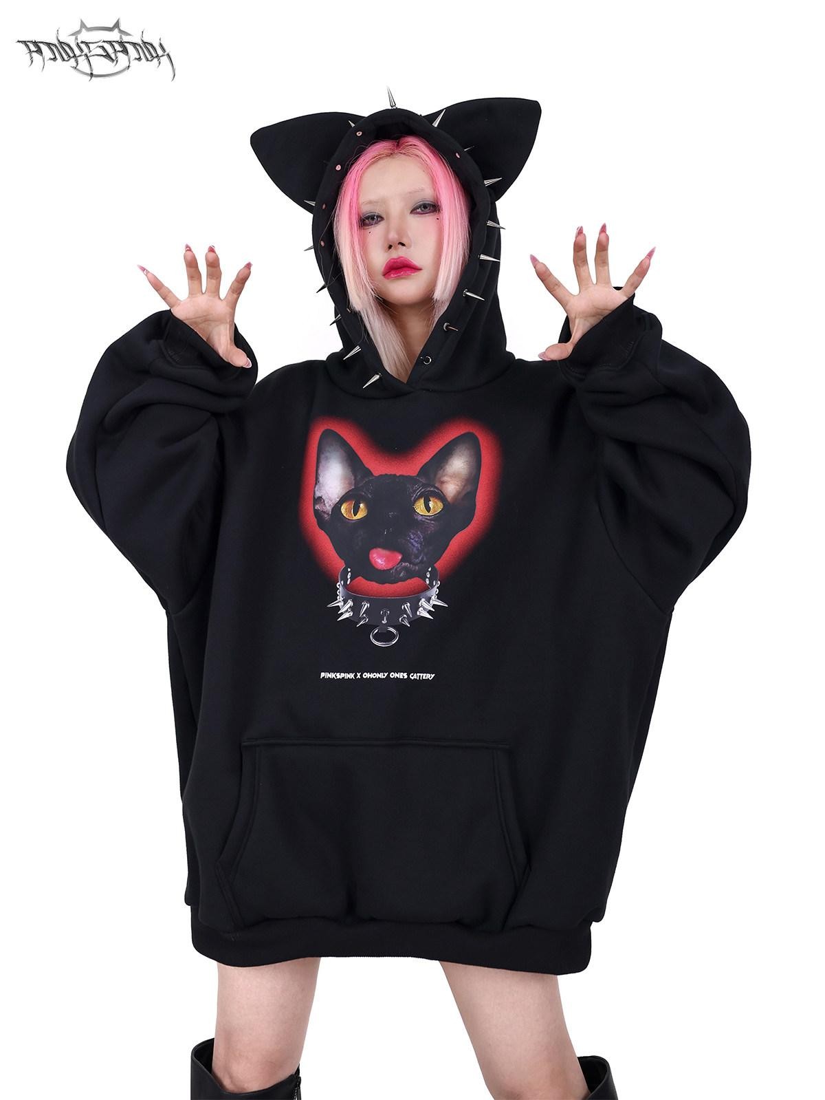 PINKSPINK Sphynx Cat Print Studded Ear Hooded Punk Women's Cotton Sweatshirts