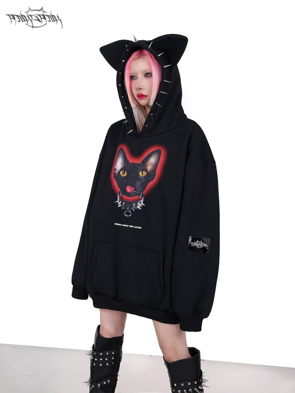 PINKSPINK Sphynx Cat Print Studded Ear Hooded Punk Women's Cotton Sweatshirts
