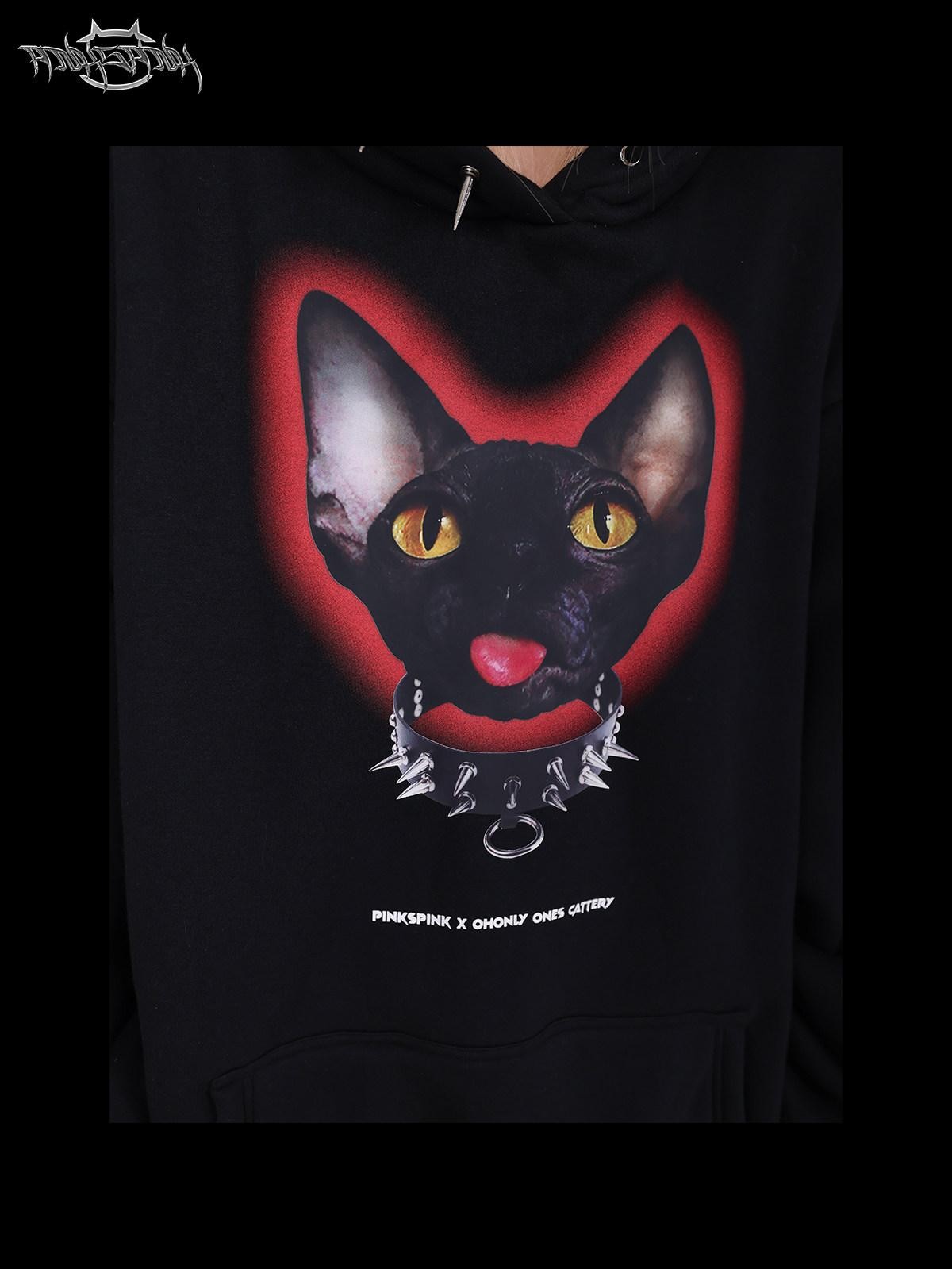 PINKSPINK Sphynx Cat Print Studded Ear Hooded Punk Women's Cotton Sweatshirts