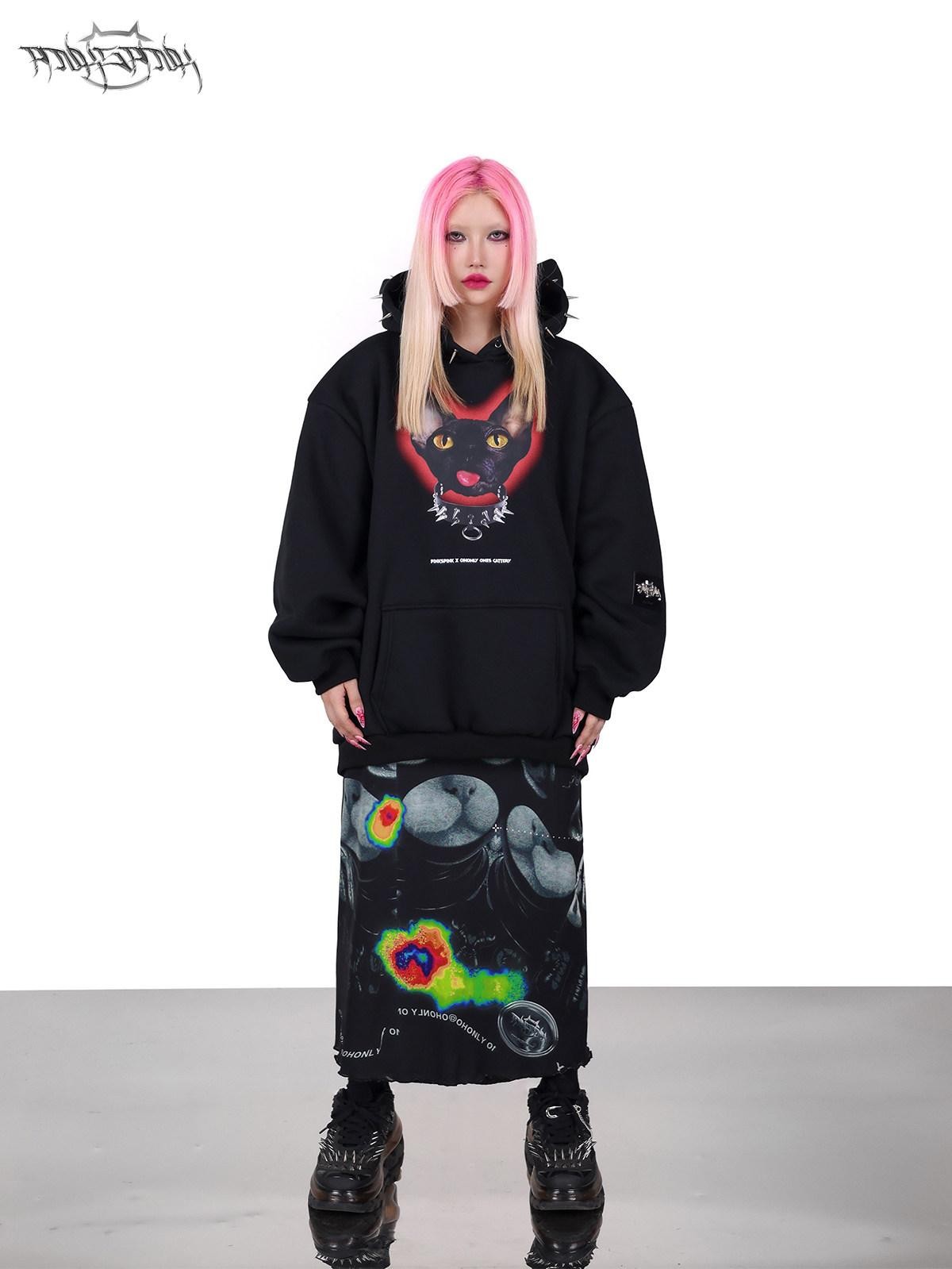 PINKSPINK Sphynx Cat Print Studded Ear Hooded Punk Women's Cotton Sweatshirts