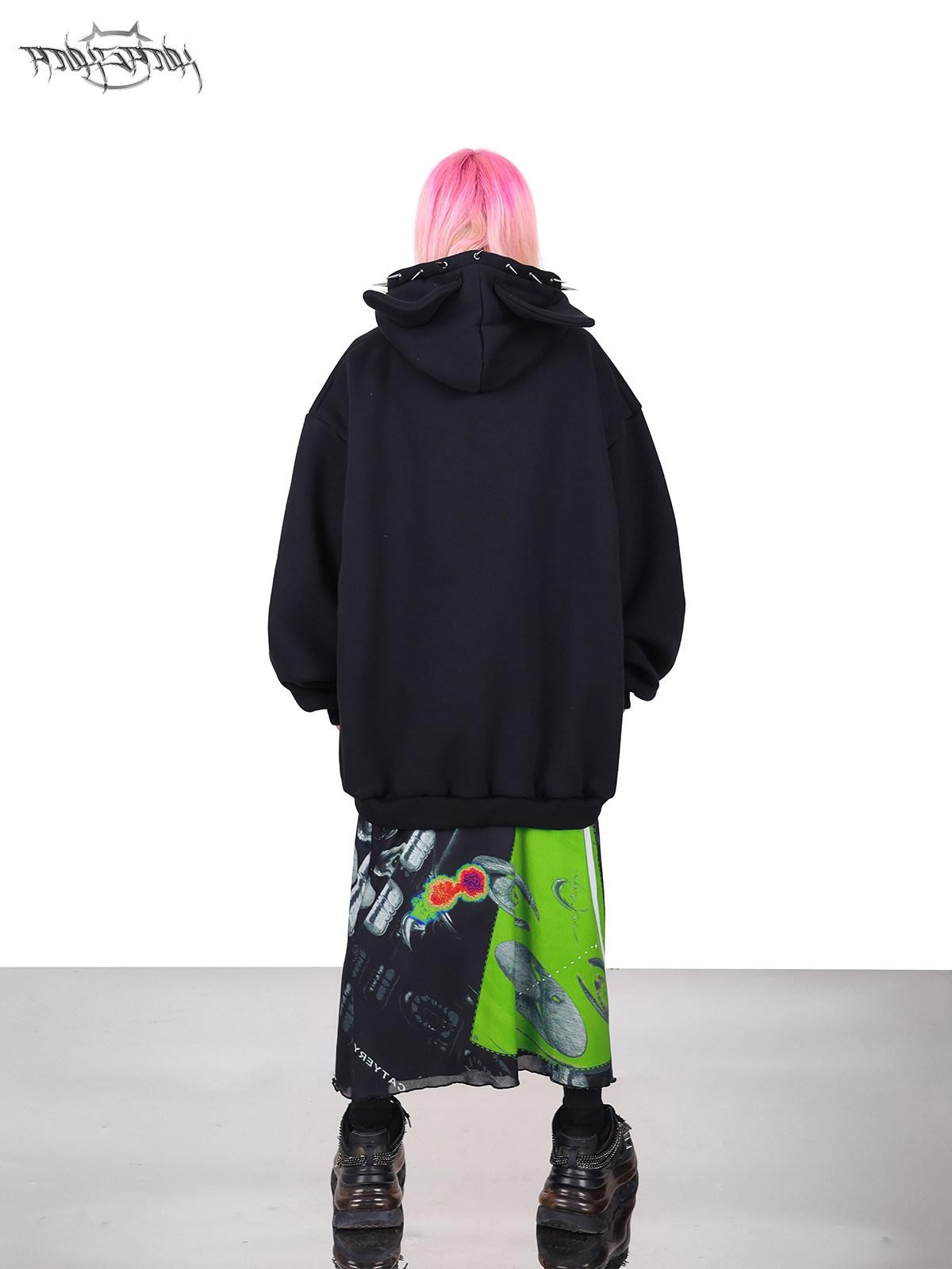 PINKSPINK Sphynx Cat Print Studded Ear Hooded Punk Women's Cotton Sweatshirts