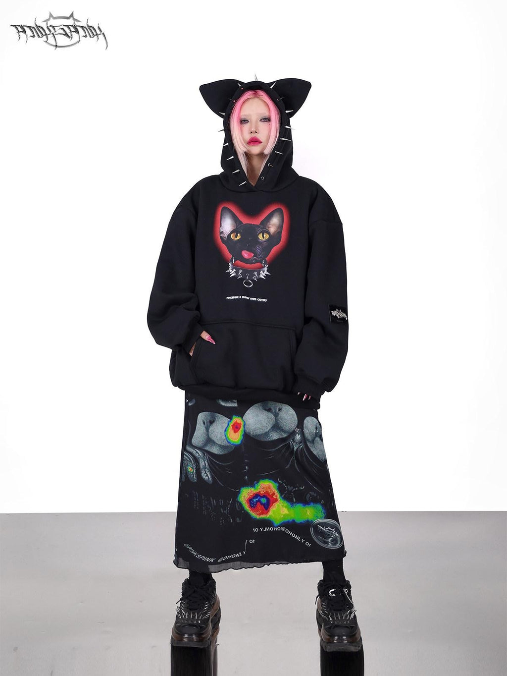 PINKSPINK Sphynx Cat Print Studded Ear Hooded Punk Women's Cotton Sweatshirts