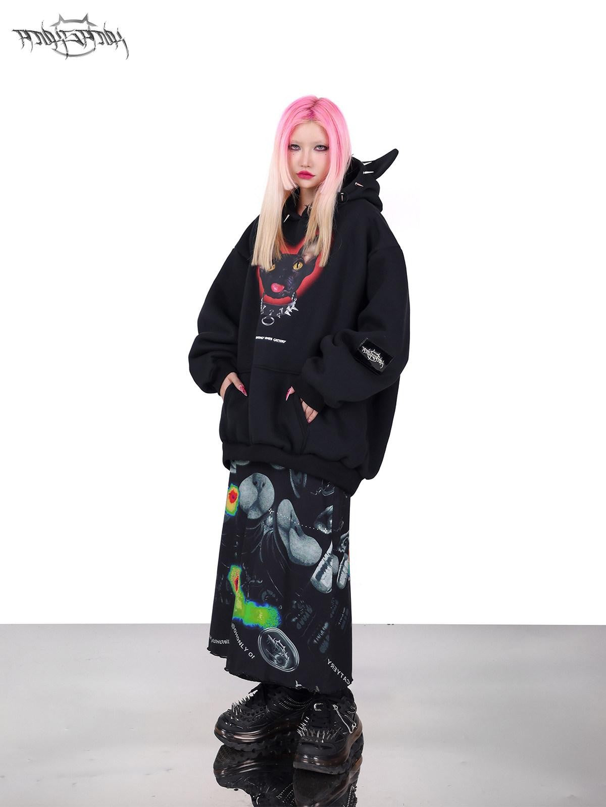 PINKSPINK Sphynx Cat Print Studded Ear Hooded Punk Women's Cotton Sweatshirts