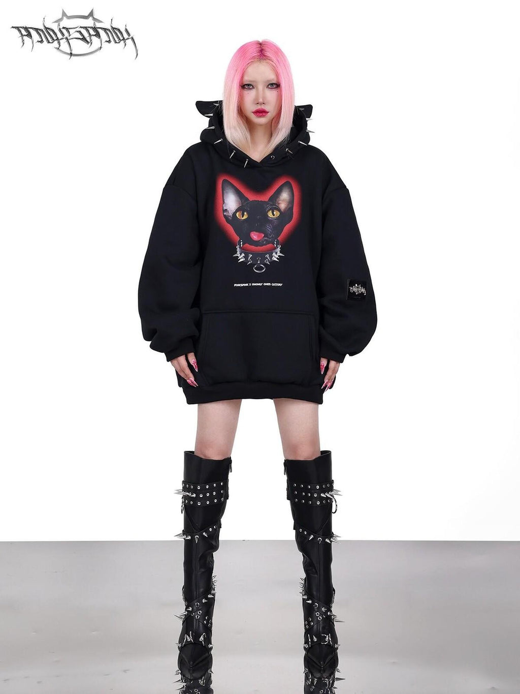 PINKSPINK Sphynx Cat Print Studded Ear Hooded Punk Women's Cotton Sweatshirts