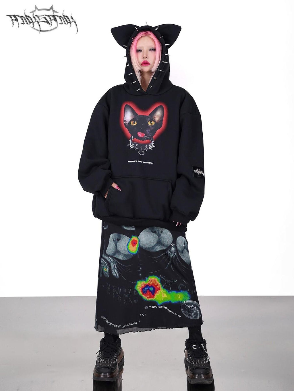 PINKSPINK Sphynx Cat Print Studded Ear Hooded Punk Women's Cotton Sweatshirts