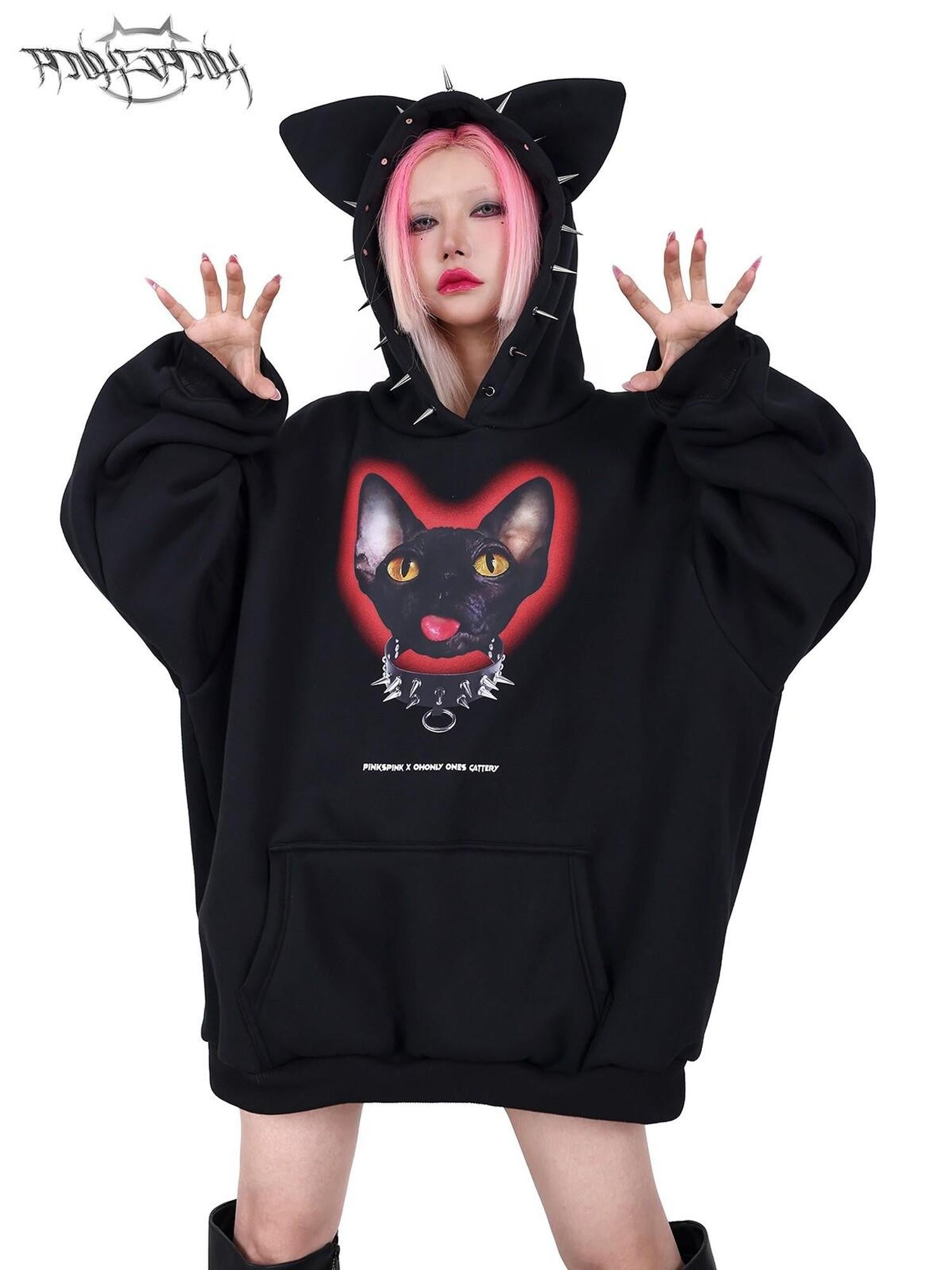 PINKSPINK Sphynx Cat Print Studded Ear Hooded Punk Women's Cotton Sweatshirts