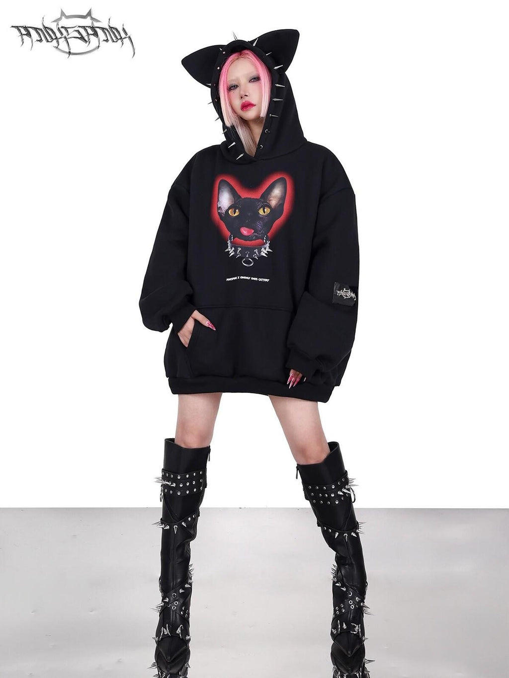 PINKSPINK Sphynx Cat Print Studded Ear Hooded Punk Women's Cotton Sweatshirts