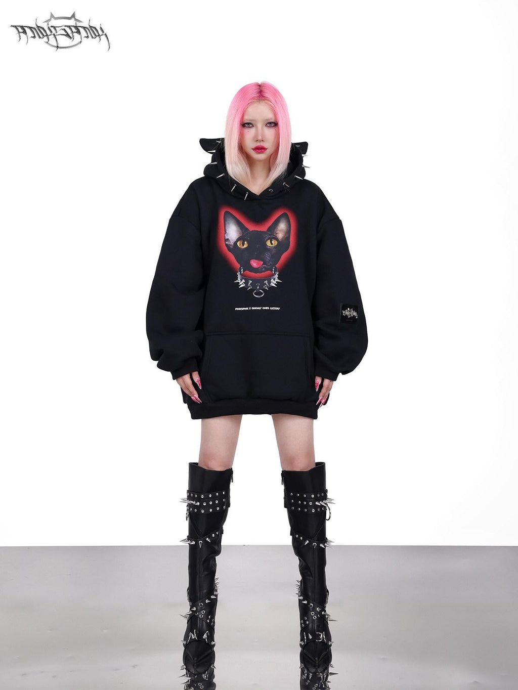 PINKSPINK Sphynx Cat Print Studded Ear Hooded Punk Women's Cotton Sweatshirts