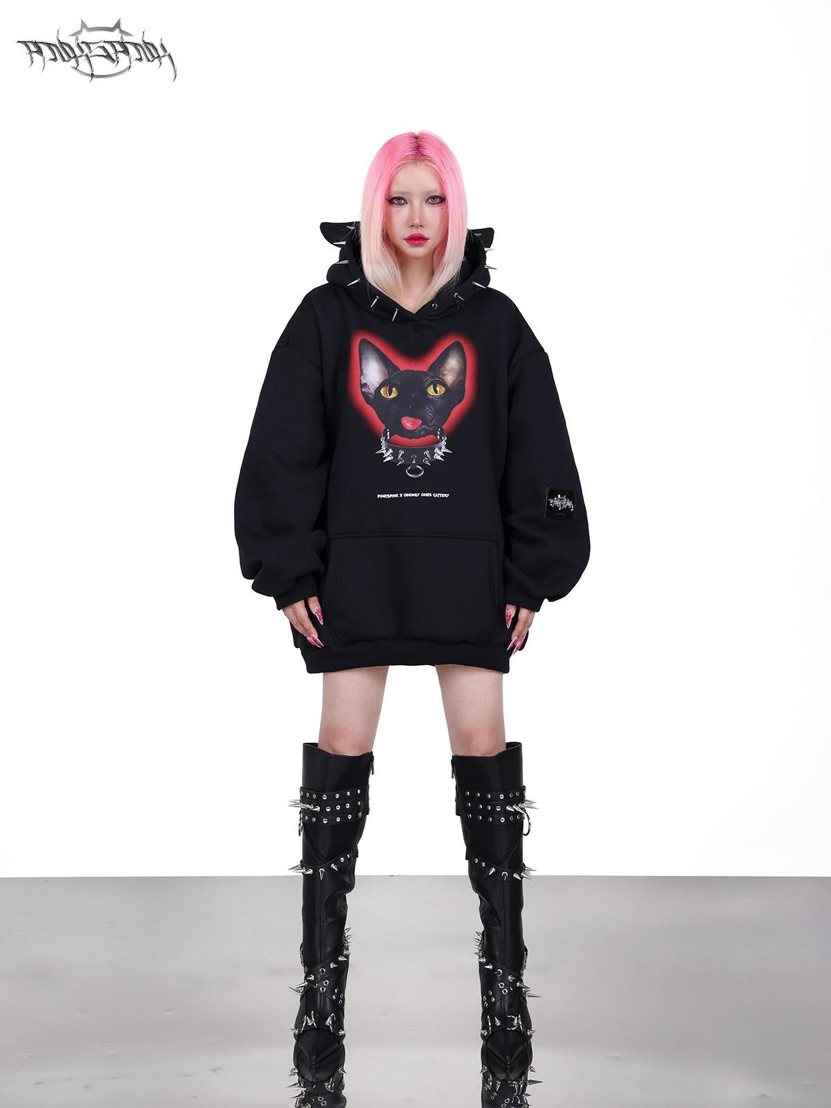 PINKSPINK Sphynx Cat Print Studded Ear Hooded Punk Women's Cotton Sweatshirts