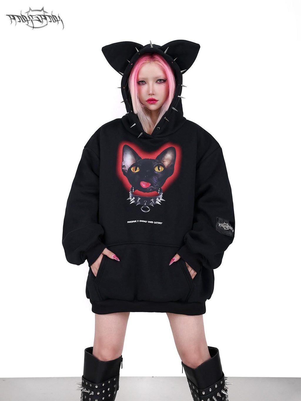 PINKSPINK Sphynx Cat Print Studded Ear Hooded Punk Women's Cotton Sweatshirts
