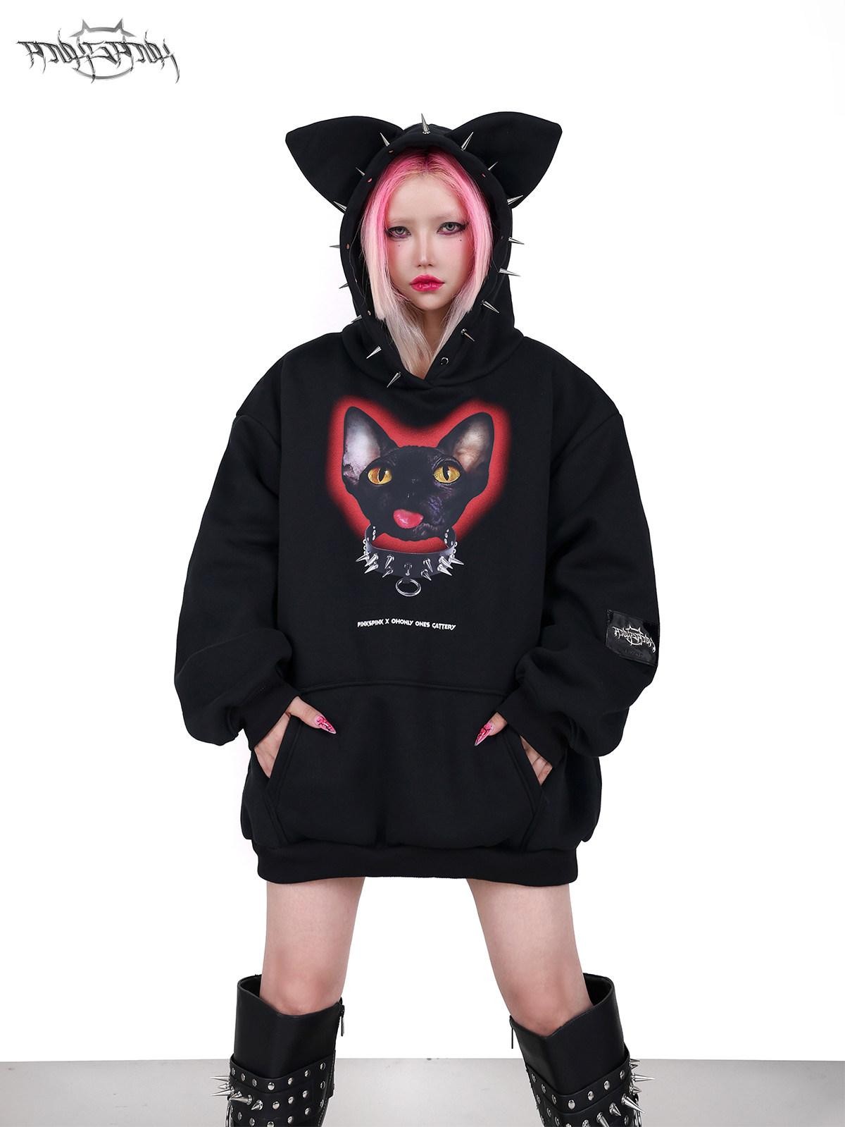 PINKSPINK Sphynx Cat Print Studded Ear Hooded Punk Women's Cotton Sweatshirts