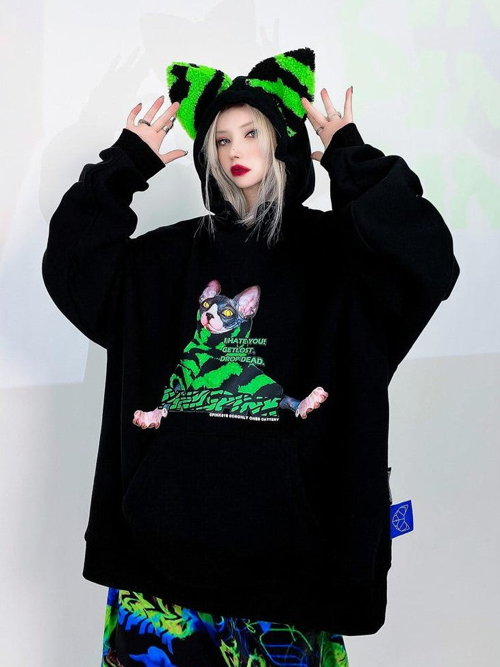 PINKSPINK Sphynx Cat Zebra Print Cat Ear Hooded Boyfriend Fit Women's Sweatshirts