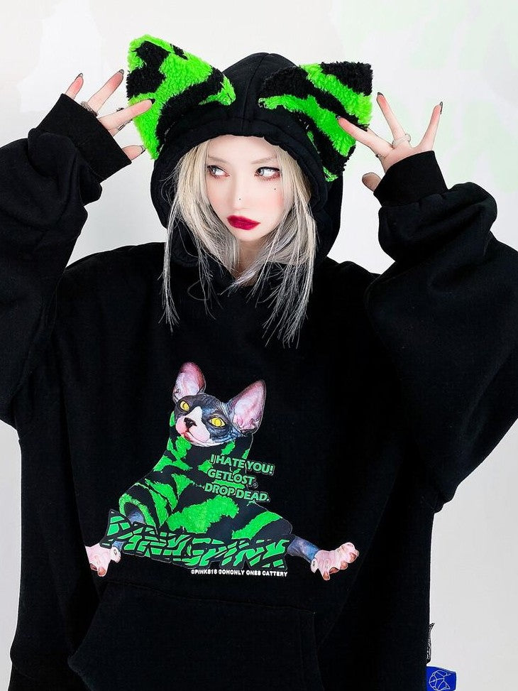 PINKSPINK Sphynx Cat Zebra Print Cat Ear Hooded Boyfriend Fit Women's Sweatshirts