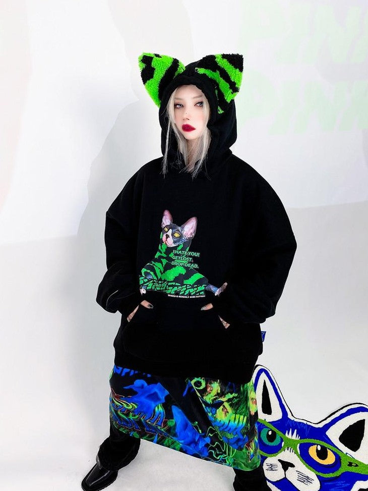 PINKSPINK Sphynx Cat Zebra Print Cat Ear Hooded Boyfriend Fit Women's Sweatshirts