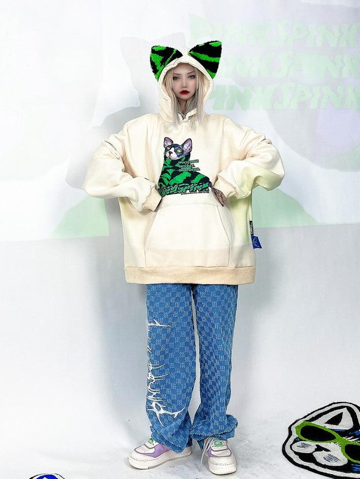 PINKSPINK Sphynx Cat Zebra Print Cat Ear Hooded Boyfriend Fit Women's Sweatshirts