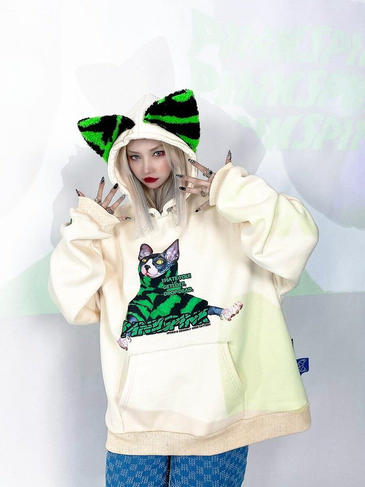 PINKSPINK Sphynx Cat Zebra Print Cat Ear Hooded Boyfriend Fit Women's Sweatshirts
