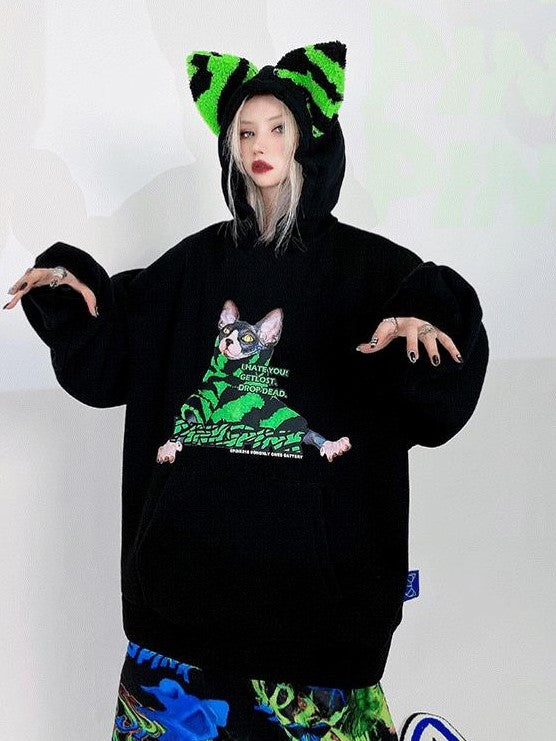 PINKSPINK Sphynx Cat Zebra Print Cat Ear Hooded Boyfriend Fit Women's Sweatshirts