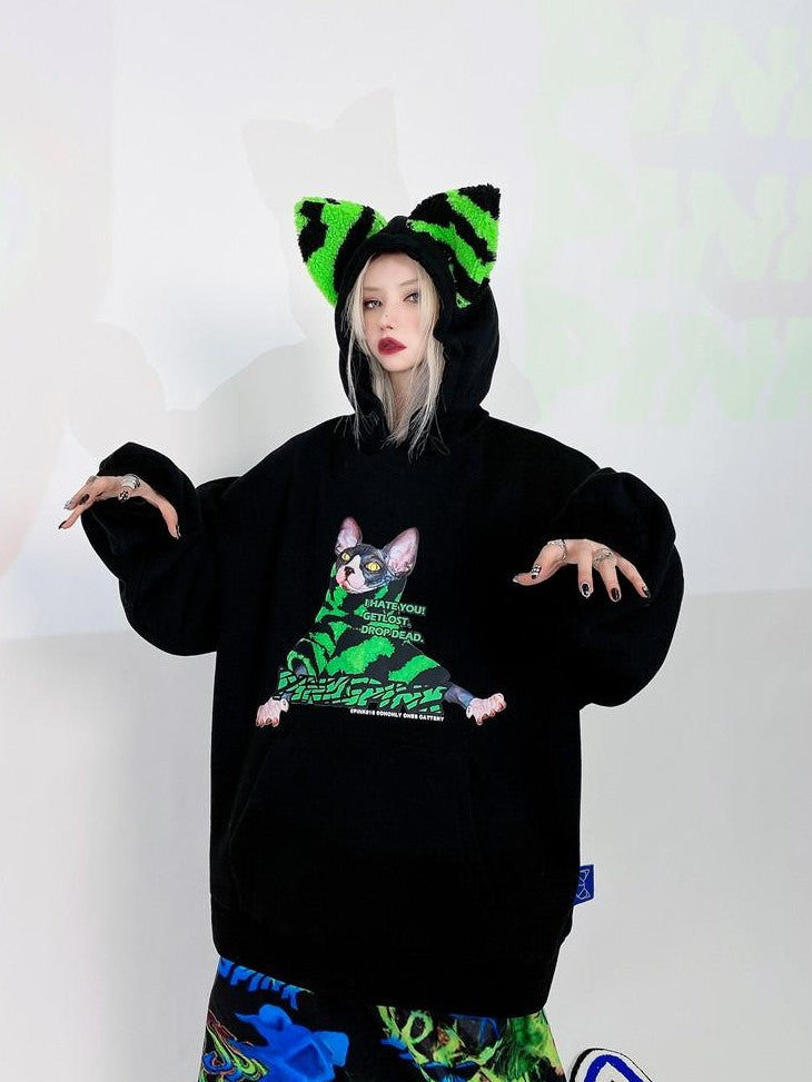 PINKSPINK Sphynx Cat Zebra Print Cat Ear Hooded Boyfriend Fit Women's Sweatshirts