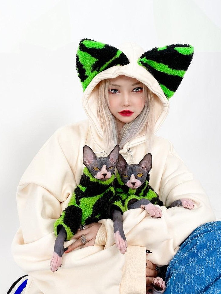 PINKSPINK Sphynx Cat Zebra Print Cat Ear Hooded Boyfriend Fit Women's Sweatshirts