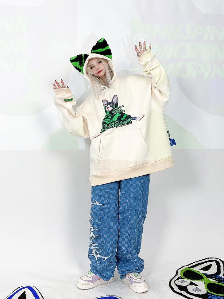 PINKSPINK Sphynx Cat Zebra Print Cat Ear Hooded Boyfriend Fit Women's Sweatshirts