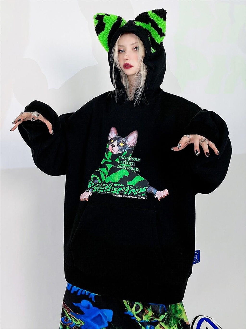 PINKSPINK Sphynx Cat Zebra Print Cat Ear Hooded Oversized Women's Sweatshirts