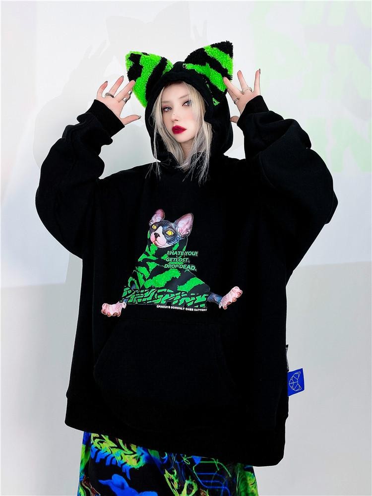 PINKSPINK Sphynx Cat Zebra Print Cat Ear Hooded Oversized Women's Sweatshirts