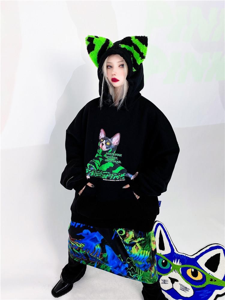 PINKSPINK Sphynx Cat Zebra Print Cat Ear Hooded Oversized Women's Sweatshirts
