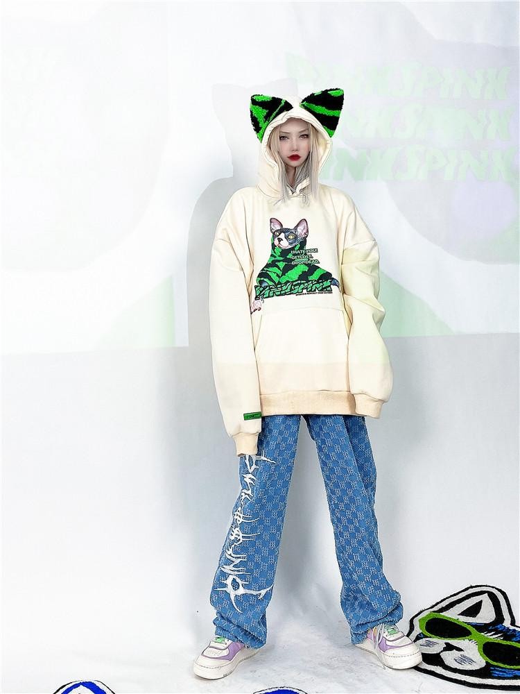 PINKSPINK Sphynx Cat Zebra Print Cat Ear Hooded Oversized Women's Sweatshirts
