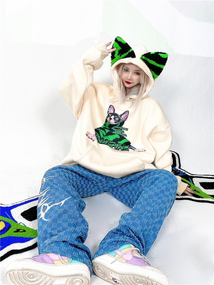 PINKSPINK Sphynx Cat Zebra Print Cat Ear Hooded Oversized Women's Sweatshirts