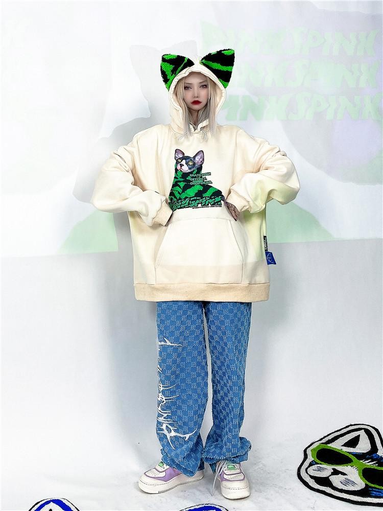 PINKSPINK Sphynx Cat Zebra Print Cat Ear Hooded Oversized Women's Sweatshirts