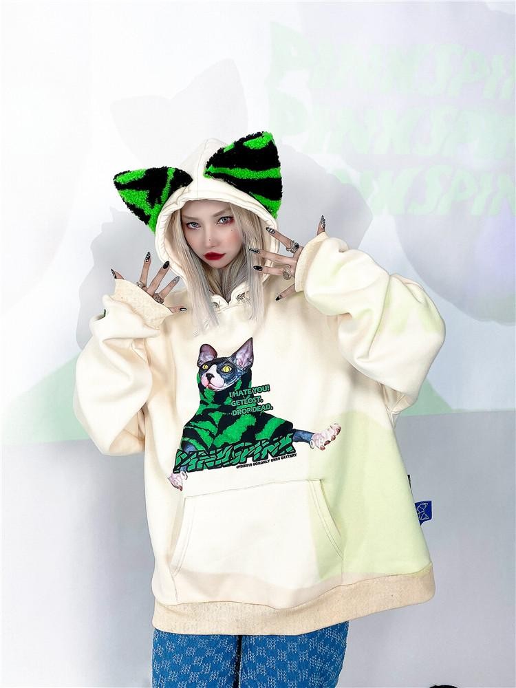 PINKSPINK Sphynx Cat Zebra Print Cat Ear Hooded Oversized Women's Sweatshirts