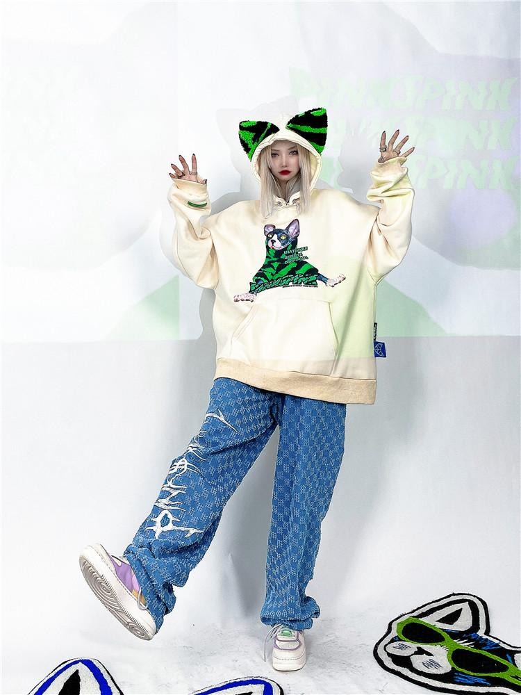 PINKSPINK Sphynx Cat Zebra Print Cat Ear Hooded Oversized Women's Sweatshirts