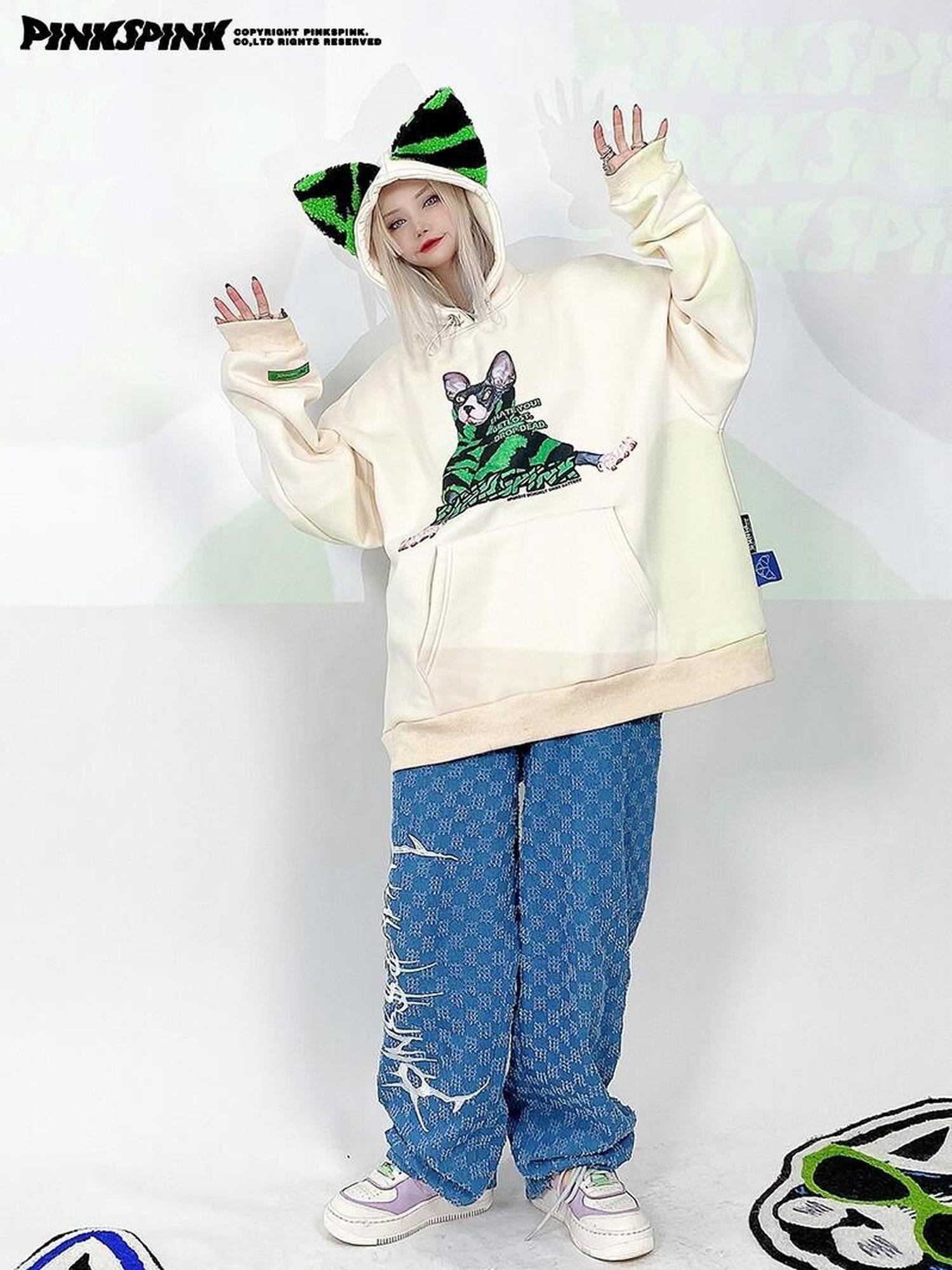 PINKSPINK Sphynx Cat Zebra Print Cat Ear Hooded Oversized Women's Sweatshirts