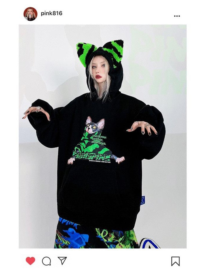 PINKSPINK Sphynx Cat Zebra Print Cat Ear Hooded Oversized Women's Sweatshirts