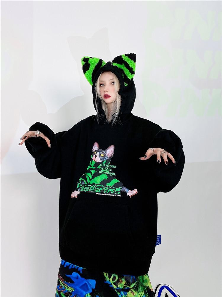 PINKSPINK Sphynx Cat Zebra Print Cat Ear Hooded Oversized Women's Sweatshirts