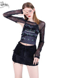 PINKSPINK Spiderweb 3d Skull Print Women's Black Mesh Long Sleeve T-shirts