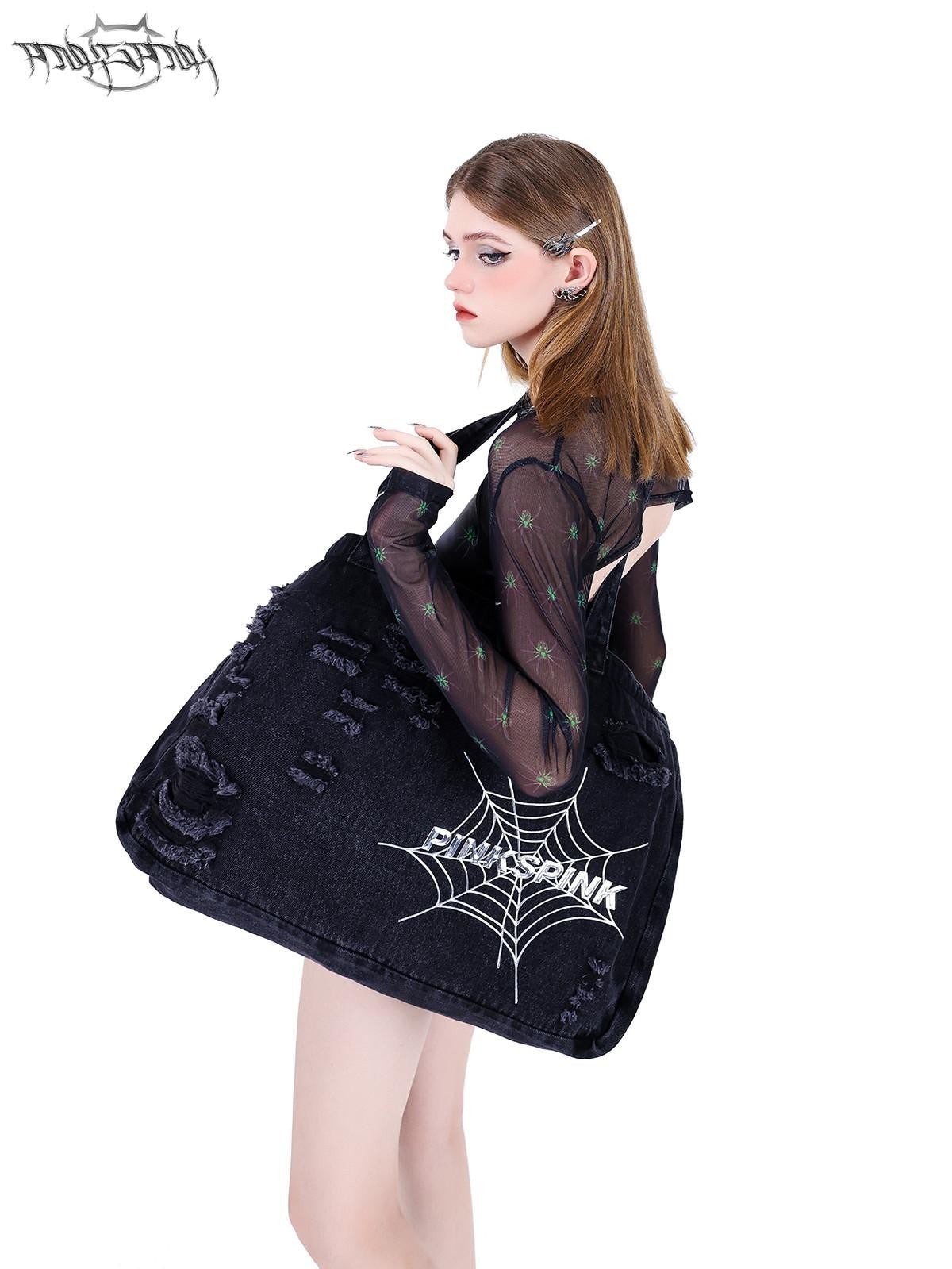PINKSPINK Spiderweb 3d Skull Print Women's Black Mesh Long Sleeve T-shirts