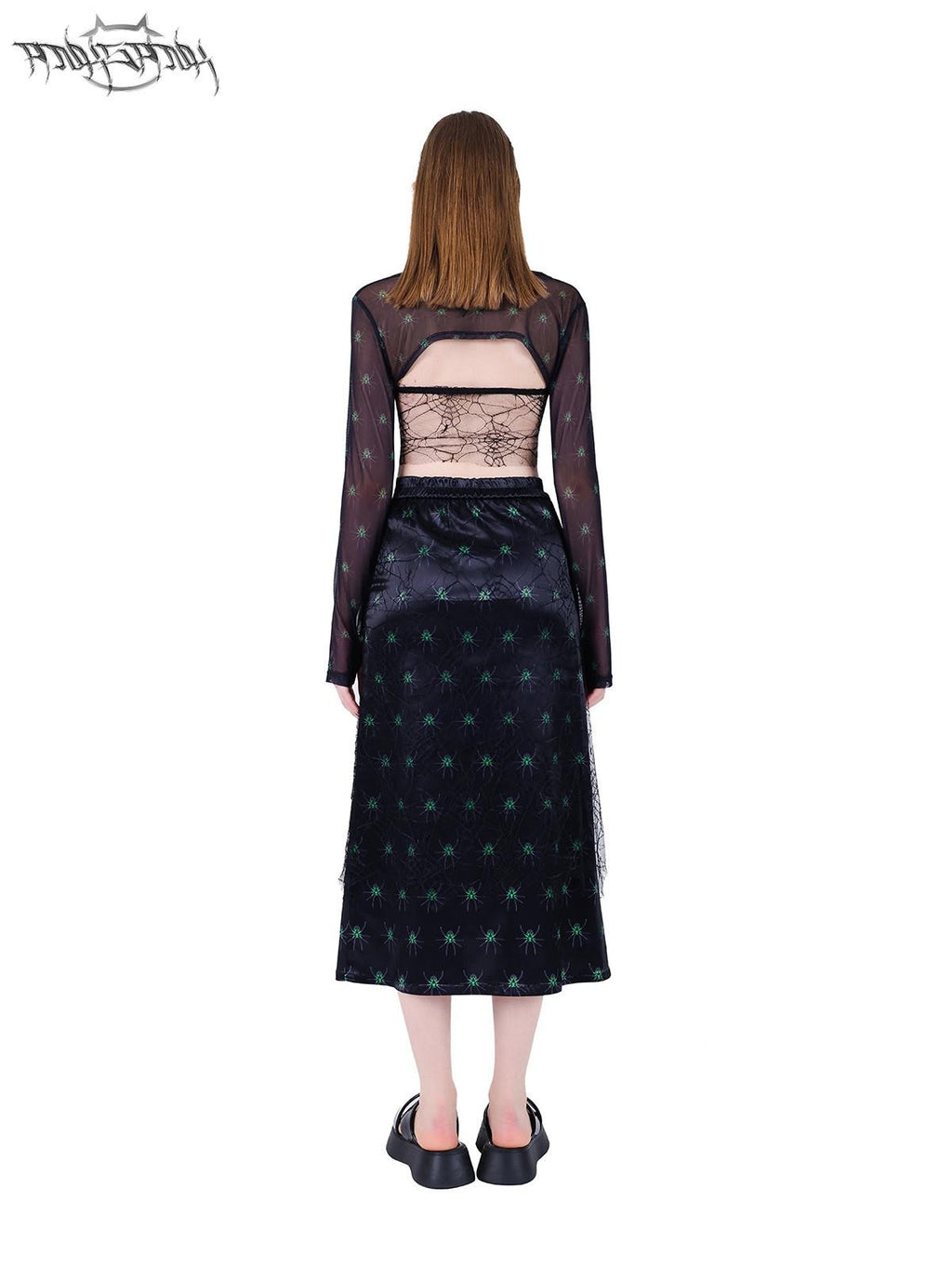 PINKSPINK Spiderweb 3d Skull Print Women's Black Mesh Long Sleeve T-shirts