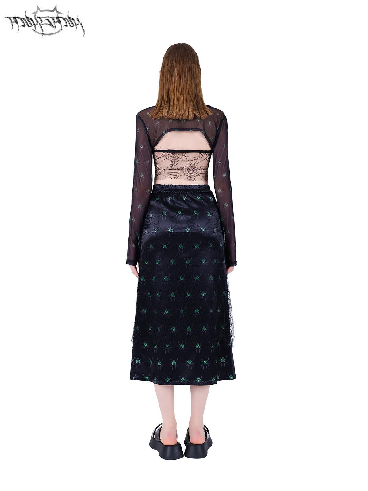 PINKSPINK Spiderweb 3d Skull Print Women's Black Mesh Long Sleeve T-shirts