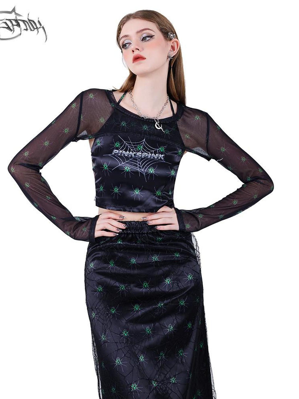 PINKSPINK Spiderweb 3d Skull Print Women's Black Mesh Long Sleeve T-shirts